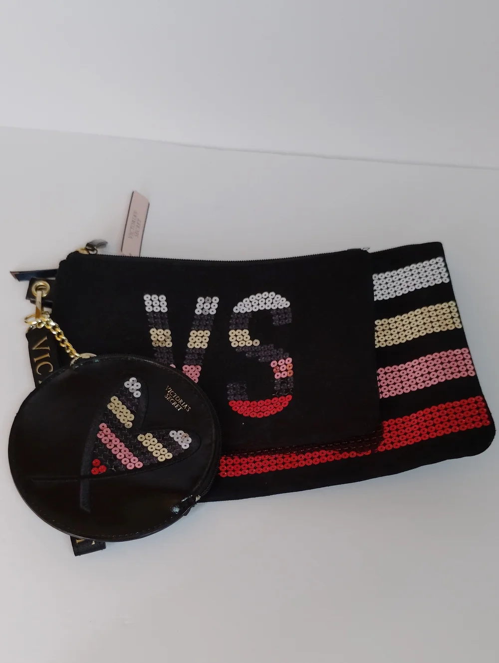 Victoria's Secret Black Wristlet with Pink and Silver Sequins